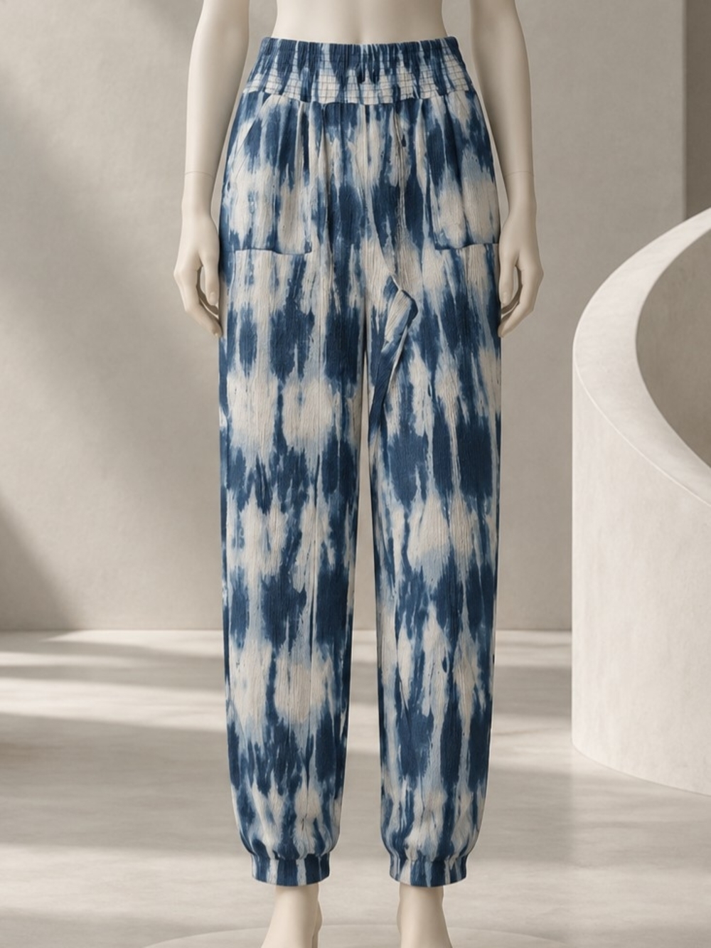 Women's Blue Tie-Dye Elastic Waist Tye Dyed Pants Size L